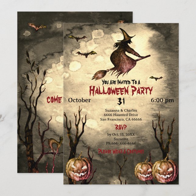 Spooky Witch Pumpkins Halloween Party  Invitation (Front/Back)