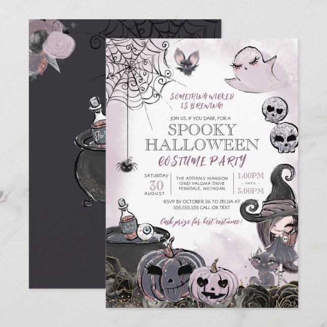 Spooky Witch Purple Black Halloween Costume Party Invitation (Front/Back)