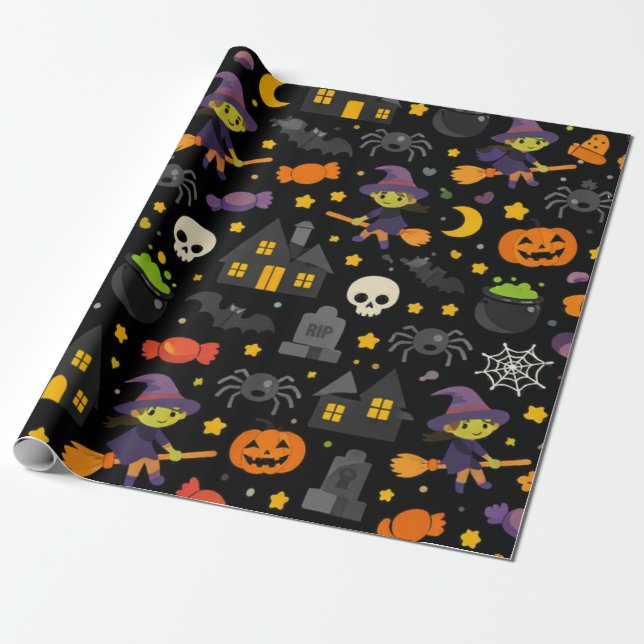 Spooky Witch & Spider Halloween Wrapping Paper (Unrolled)