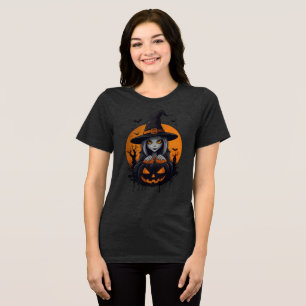 Spooky Witch with Jack-o’-Lantern Art Tri-Blend Shirt