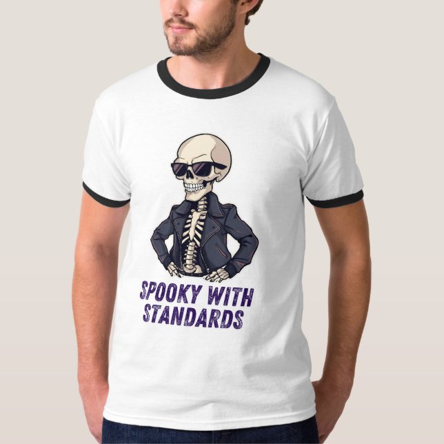 Spooky With Standards – Funny Elegant Skeleton T-Shirt (Front)