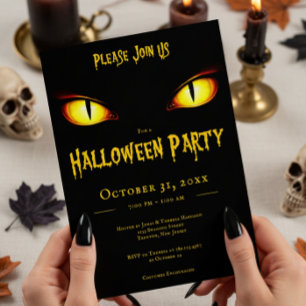 Spooky Yellow Black Cat Eyes Adult Halloween Party Invitation