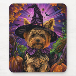 Spooky Yorkipoo Dog Halloween Witch And Pumpkin Mouse Mat