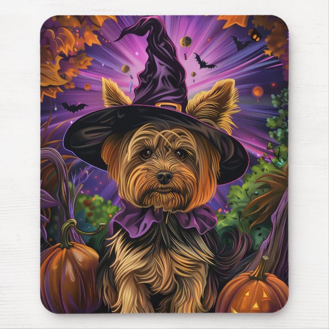 Spooky Yorkipoo Dog Halloween Witch And Pumpkin Mouse Mat (Front)