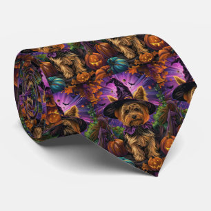 Spooky Yorkipoo Dog Halloween Witch And Pumpkin Tie
