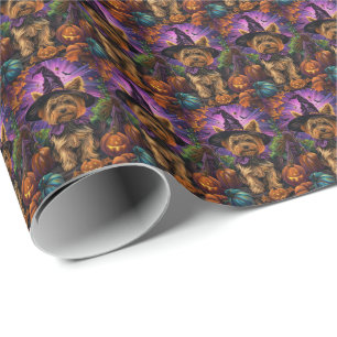 Spooky Yorkipoo Dog Halloween Witch And Pumpkin Wrapping Paper