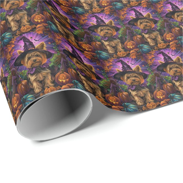 Spooky Yorkipoo Dog Halloween Witch And Pumpkin Wrapping Paper (Roll Corner)