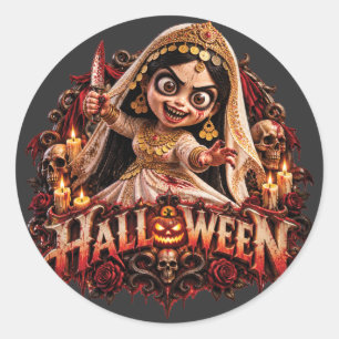 Spooky Zombie Bride Halloween Horror Art Print Classic Round Sticker