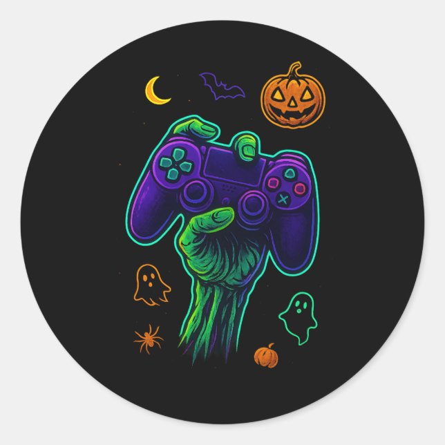 Spooky Zombie Gamer Halloween Throw Pillow Classic Round Sticker (Front)