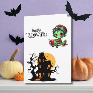Spooky Zombie Pilot Aeroplane & Haunted House Phot Card