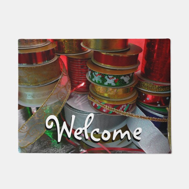 Spools of Christmas Ribbon Holiday Red and Gold Doormat (Front)