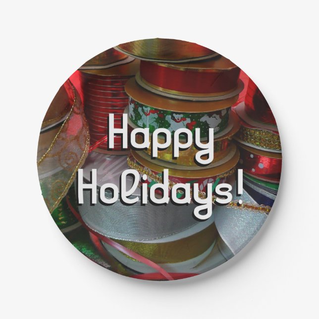 Spools of Christmas Ribbon Holiday Red and Gold Paper Plate (Front)