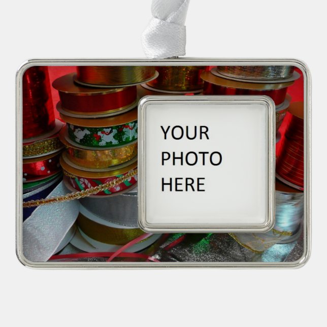 Spools of Christmas Ribbon Holiday Red and Gold Silver Plated Framed Ornament (Front)