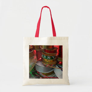 Spools of Christmas Ribbon Holiday Red and Gold Tote Bag
