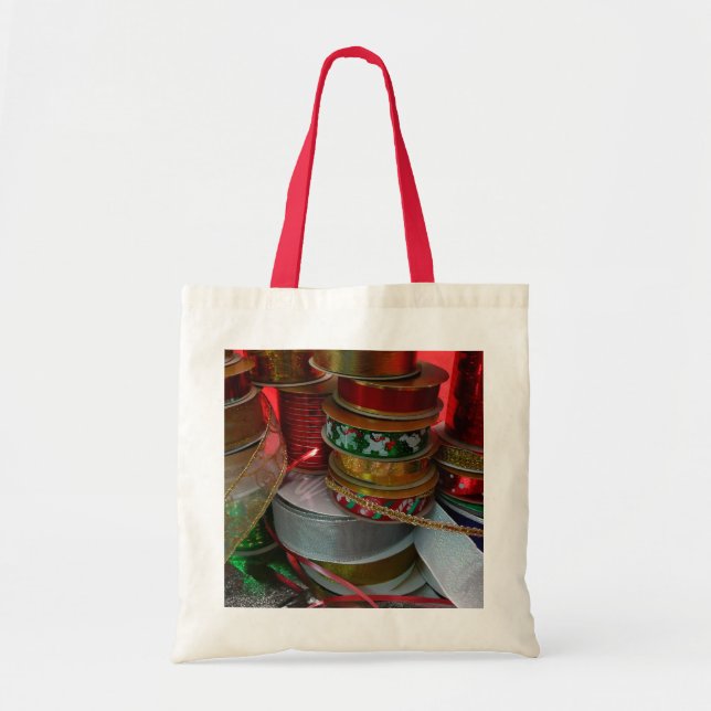 Spools of Christmas Ribbon Holiday Red and Gold Tote Bag (Front)