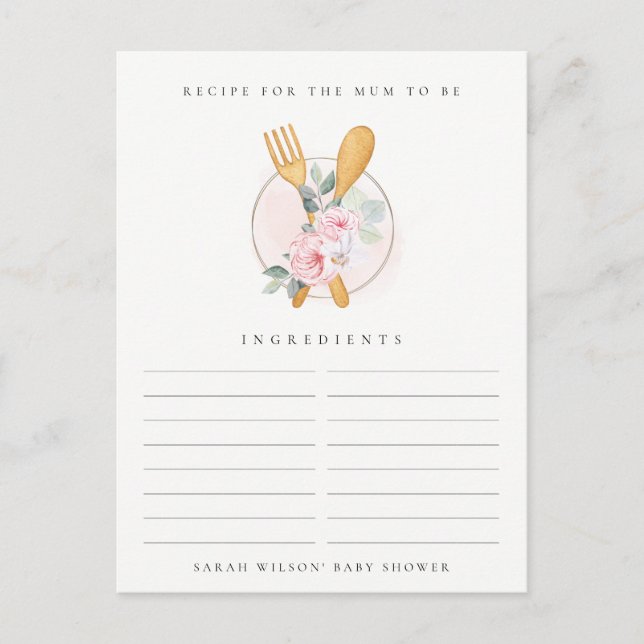 Spoon Fork Floral Recipe Request Baby Shower Postcard (Front)