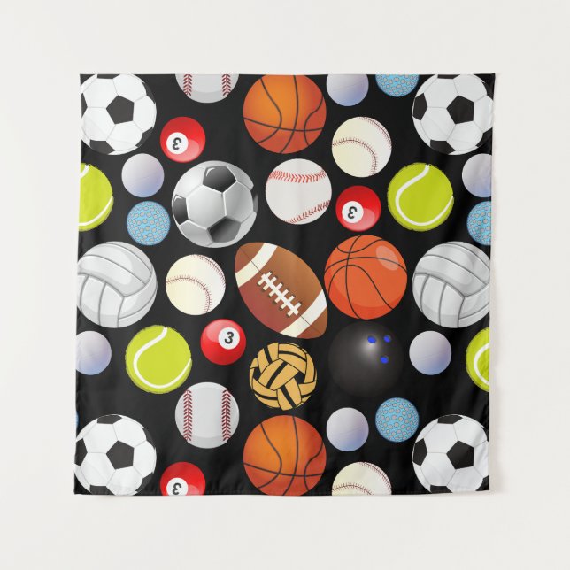 Sport Balls Pattern Size2 Black BG Tapestry (Front)