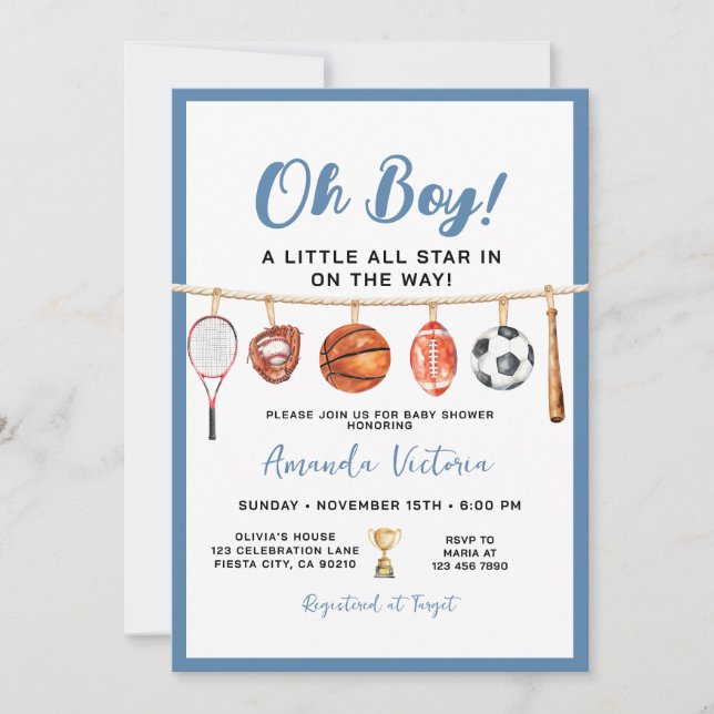 Sport Boy Ball All Star Themed Party Baby Shower Invitation (Front)