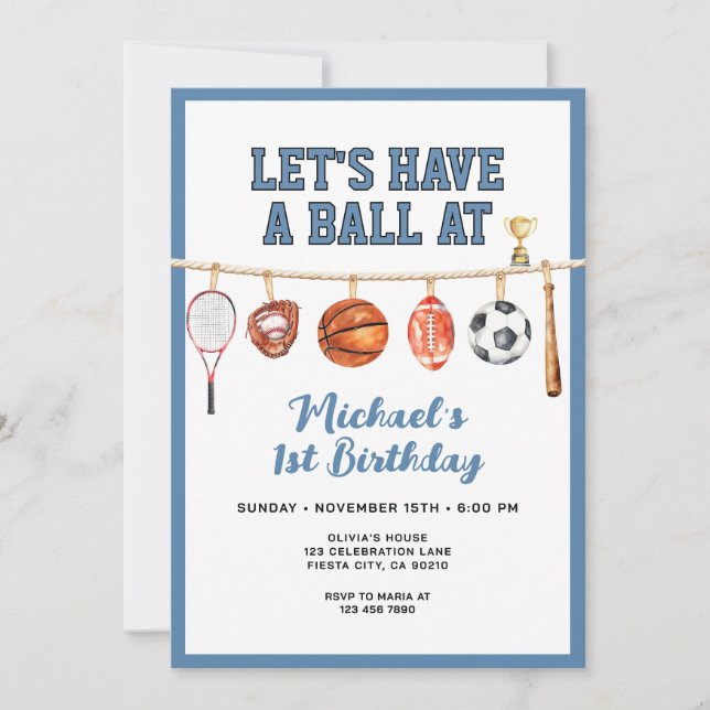 Sport Boy Ball All Star Themed Party Blue Birthday Invitation (Front)