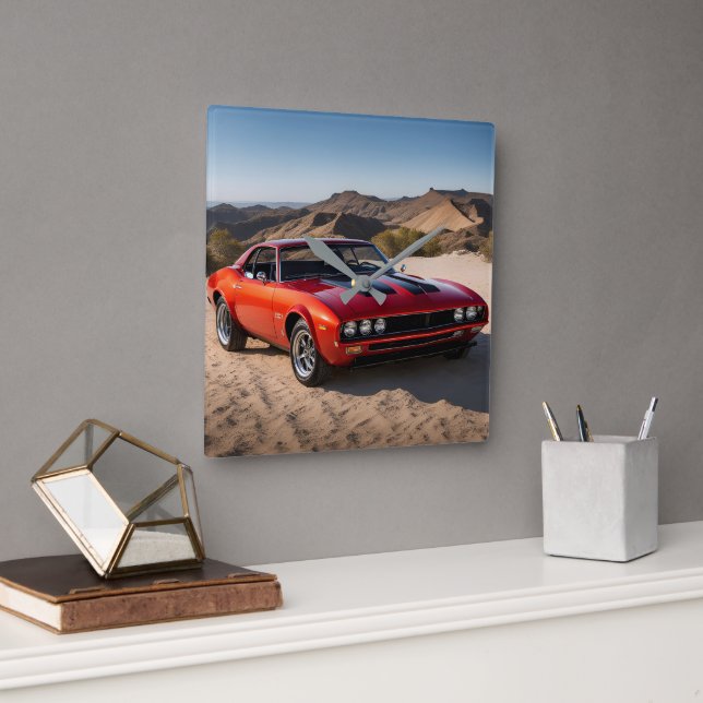sport car in desert square wall clock (Office)