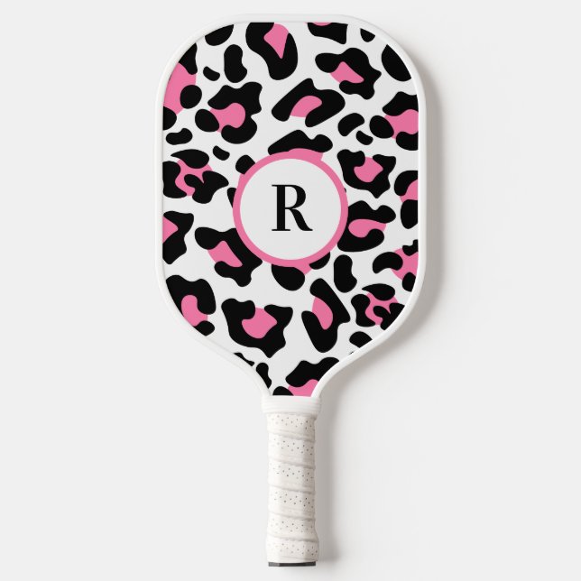 Sport Cute Pink Fun Animal Print Monogram  Pickleball Paddle (Front)