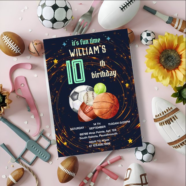 sport game blue kids boys Sports 10th Birthday Invitation (Creator Uploaded)