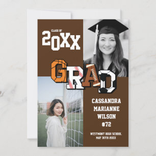 Sport Graduation Soccer Basketball Football Brown Invitation