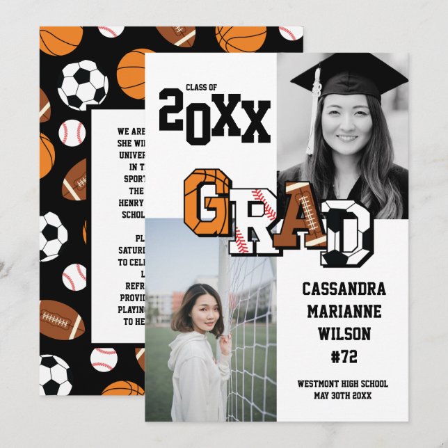 Sport Graduation Soccer Basketball Football Invitation (Front/Back)