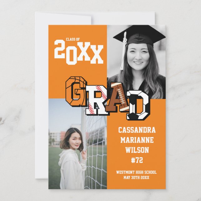Sport Graduation Soccer Basketball Football Orange Invitation (Front)