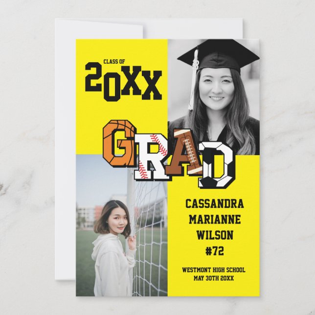 Sport Graduation Soccer Basketball Football Yellow Invitation (Front)