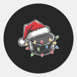 Sport Hockey Puck Christmas Lights Santa Hat Holid Classic Round Sticker