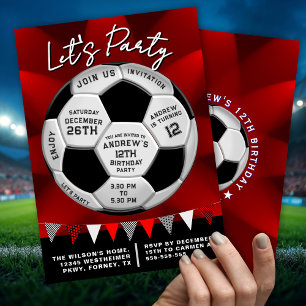 Sport Lovers Soccer Ball Boys Red Birthday Invitation