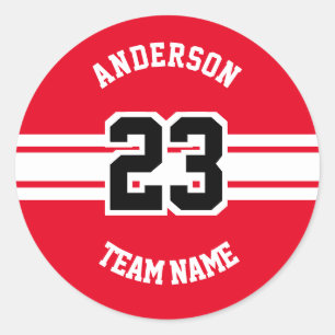 Sport Name, Team and Number Red Designs Classic Round Sticker