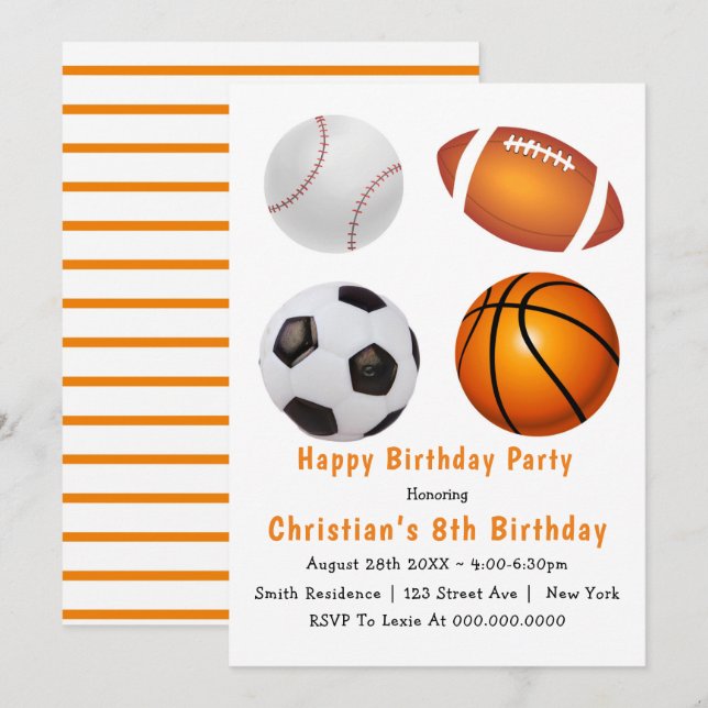 Sport Theme 8th Birthday Party Invitations (Front/Back)