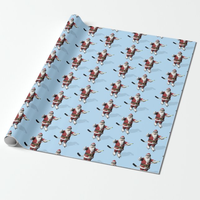 Sportive Santa Claus Ice Hockey Player Wrapping Paper (Unrolled)