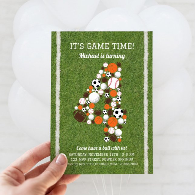 Sports 4th Birthday Party Invitation (Sports 4th Birthday Invitation)