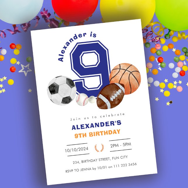 Sports 9th Boy Athlete Birthday Invitation (Sports 9th Boy Athlete Birthday Invitation)