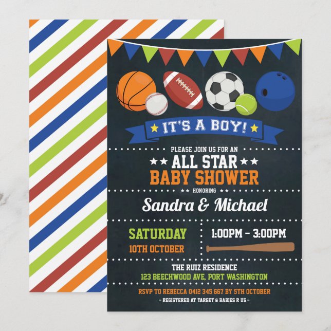 Sports All Star Baby Shower Basketball Rugby Invitation (Front/Back)