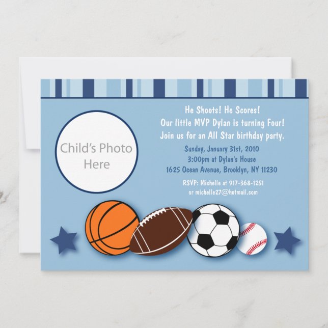 Sports All Star Photo Birthday Invitations (Front)