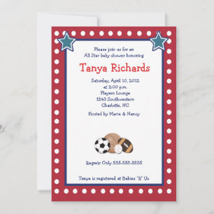 Sports All Stars Red Border Baby Shower Invitation