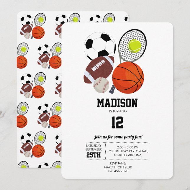 Sports Athletic Balls Birthday Party Invitation (Front/Back)