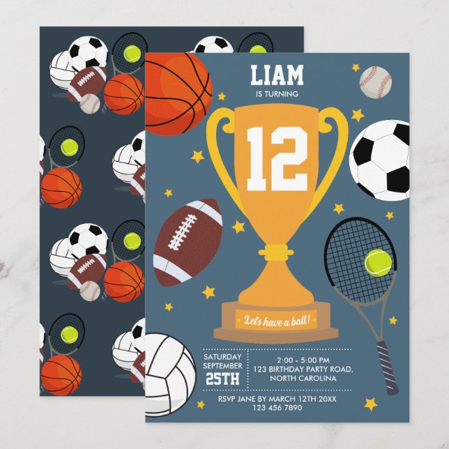 Sports Athletic Balls Kids Blue Birthday Party Invitation (Front/Back)