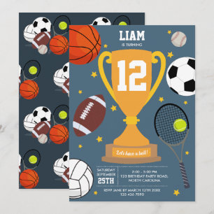 Sports Athletic Balls Kids Blue Birthday Party Invitation