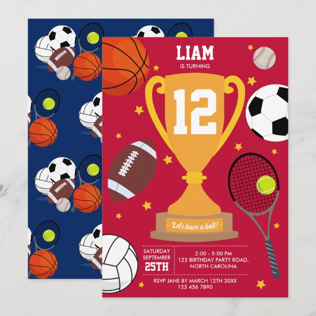 Sports Athletic Balls Kids Red Blue Birthday Party Invitation (Front/Back)