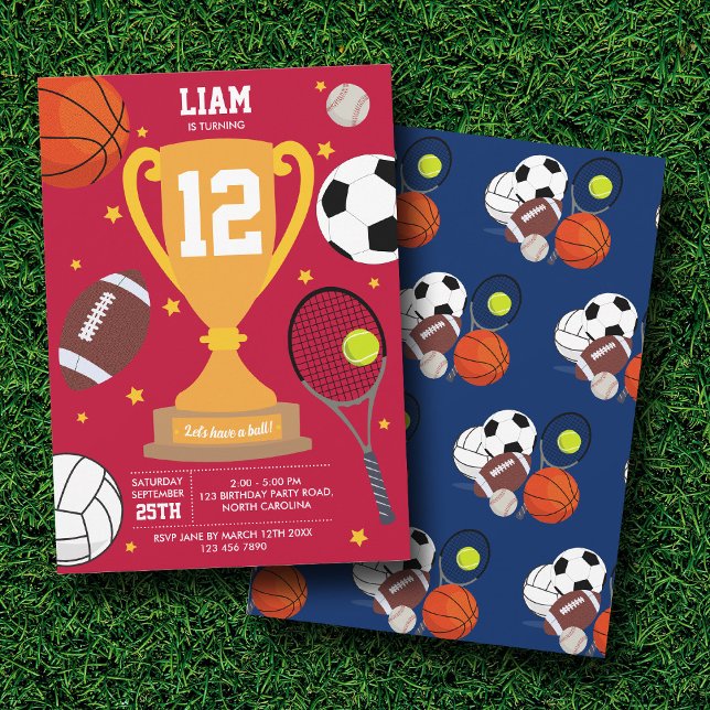 Sports Athletic Balls Kids Red Blue Birthday Party Invitation (Sports Athletic Balls Kids Red Blue Birthday Party Invitation)