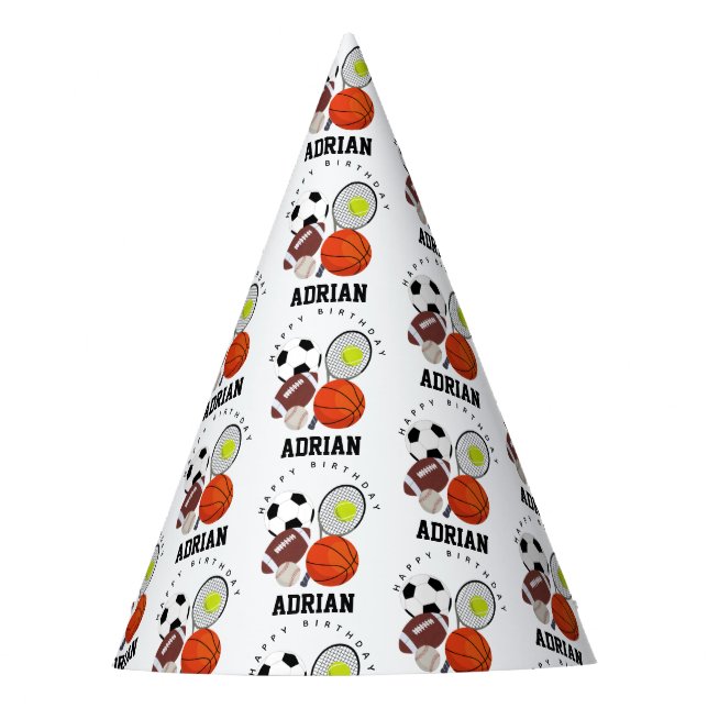 Sports Athletic Balls Personalised Name Birthday Party Hat (Front)