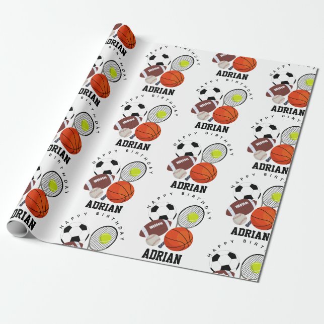 Sports Athletic Balls Personalised Name Birthday Wrapping Paper (Unrolled)