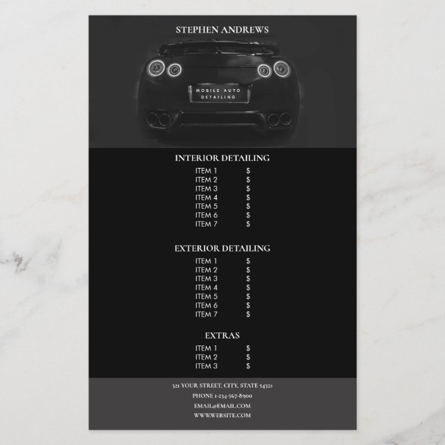 Sports Auto Detailing Car Cleaning Price List Flyer (Front)