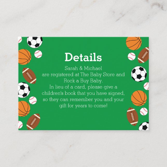 Sports Baby Shower Co-ed Green Gender Neutral Enclosure Card (Front)