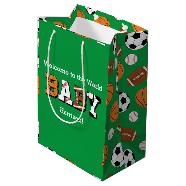 Sports Baby Shower Co-ed Green Gender Neutral Medium Gift Bag (Back Angled)
